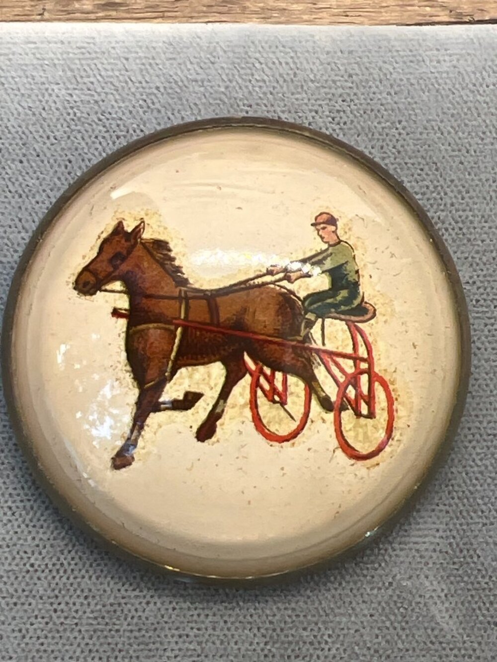 Vintage Harness Equestrian Racing Pinback Button With Horse & Sulky Driver Desig